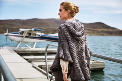 Bettina Hooded Zip-Front Herringbone Knitted Mink Fur Poncho