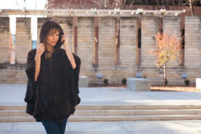 Bettina Hooded Zip-Front Herringbone Knitted Mink Fur Poncho