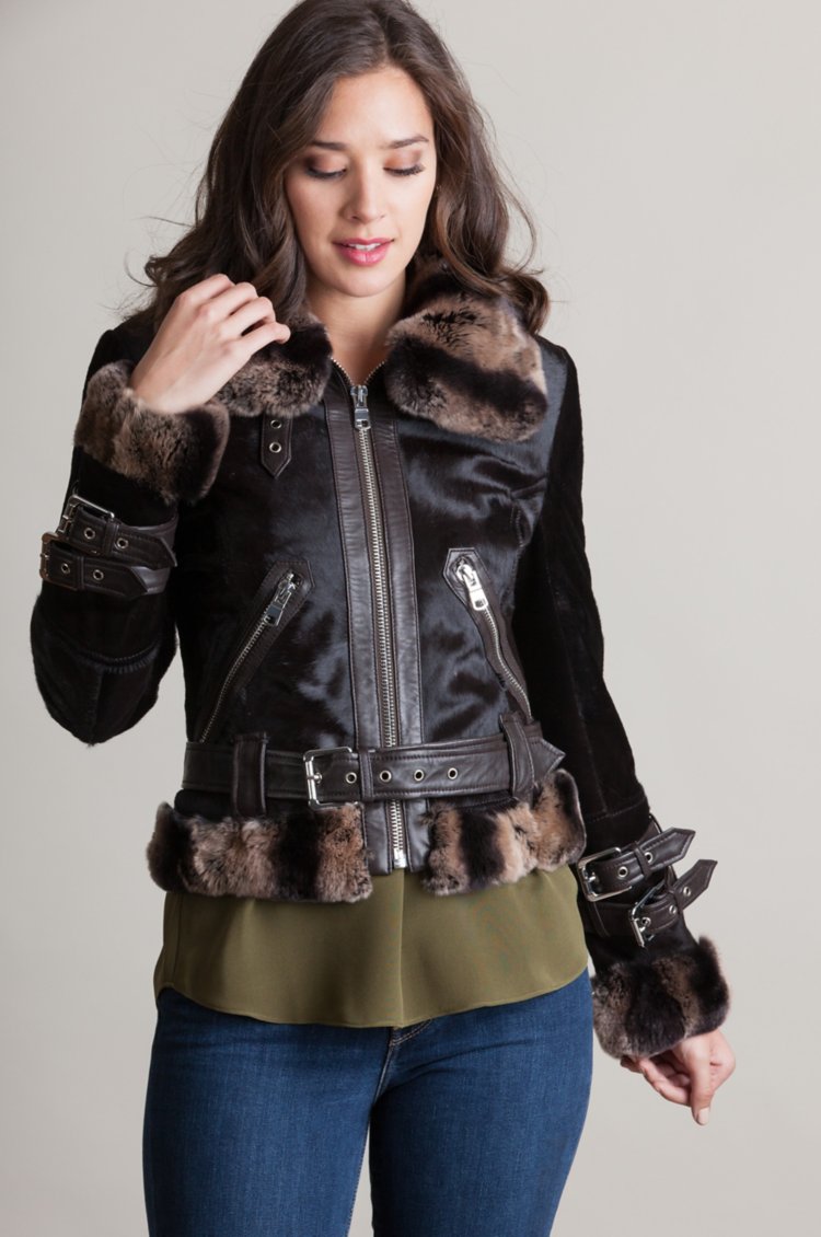 Gianna Calfskin Leather Moto Jacket with Rex Rabbit Fur Trim | Overland