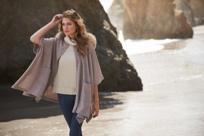 Eva Cashmere Hooded Sweater Cape with Detachable Raccoon Fur Trim