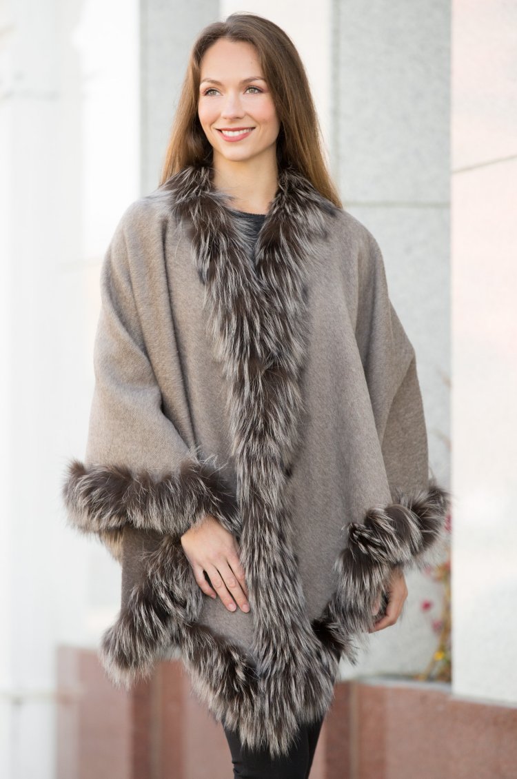Misha Reversible Alpaca Wool Cape with Silver Fox Fur Trim | Overland