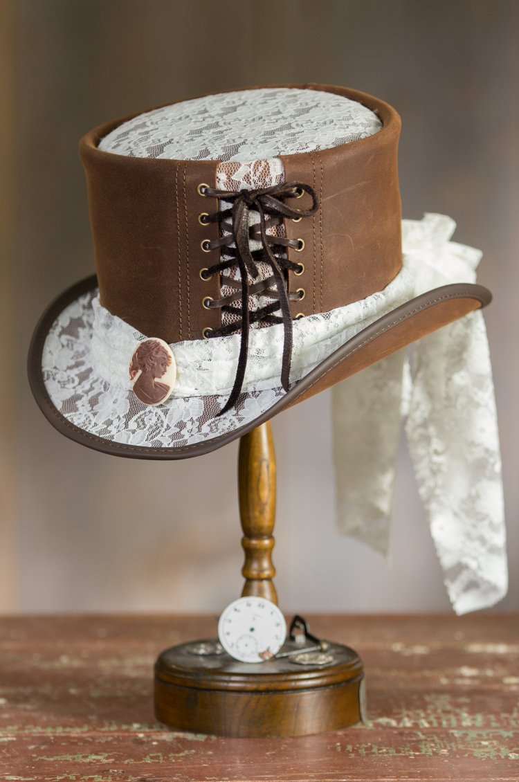 Steampunk Havisham Black Leather Top Hat Havisham Black Leather Steampunk Top Hat - Head main image 4