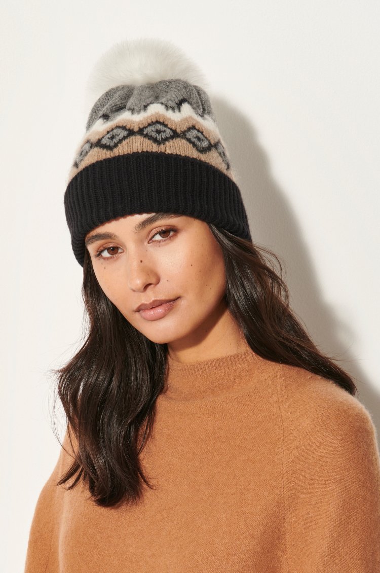 Nordic Knit Cashmere Beanie Hat with Detachable Fox Pom  display picture 1