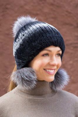 Dark Blue Knitted REX RABBIT Hat w/FOX Trim, Sz 21”-23”, Certified Vintage Fur il_340x270.5483731472_6m4r.jpg main image 4