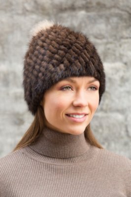 Knitted Mink Fur Beanie Hat with Fox Fur Pom | Overland display picture 2