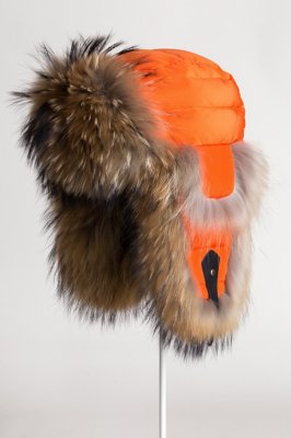 Orange Down-Filled Trapper Hat with Raccoon Fur Trim | Overland display picture 2