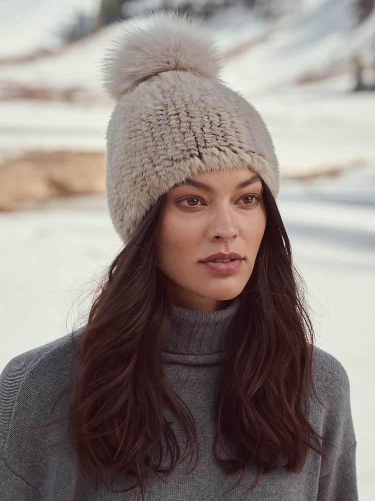 Knitted Mink Fur Beanie Hat with Fox Fur Pom | Overland
