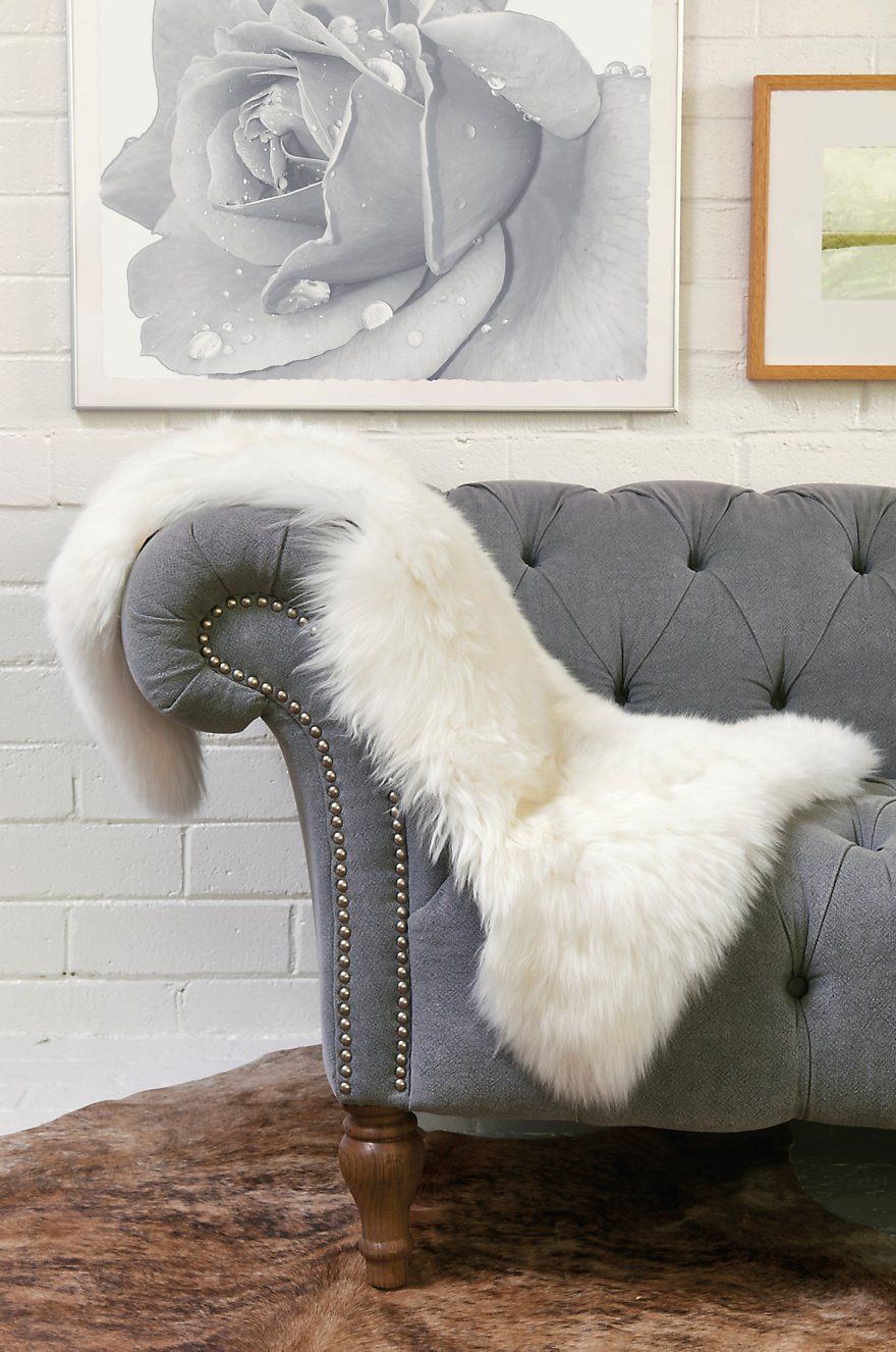 Single-Pelt Sheepskin Rug draped over the armrest of a blue couch with a cowhide area rug on the floor and paintings on the wall of a living room setting
