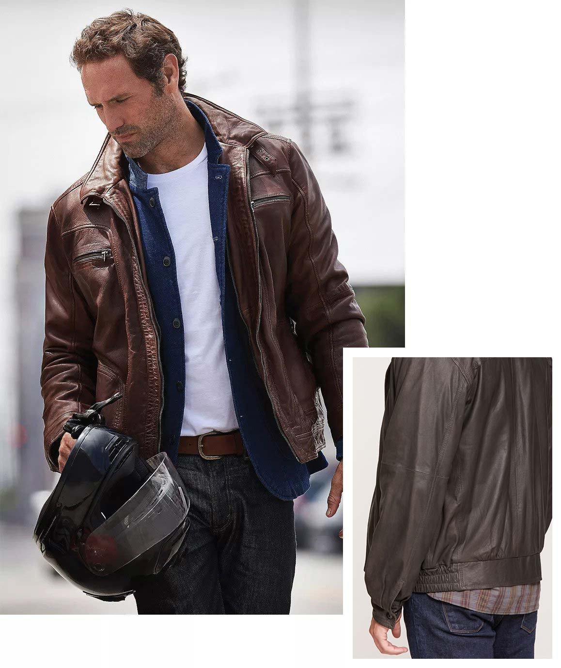 Mens Brown Tall Leather Bomber Jacket With Removable Hood